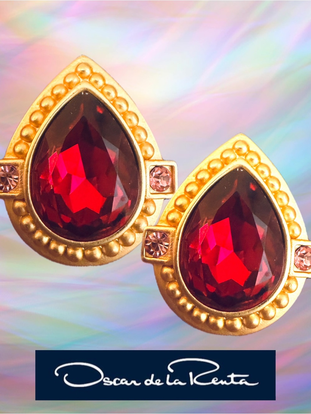 Oscar de la Renta Teardrop Earrings ✨POST BACK✨ RUBY Crystal ✨Museum Gold finish